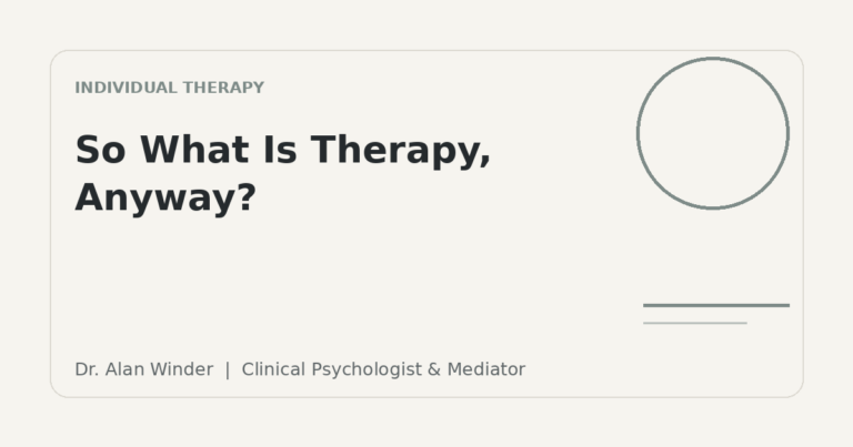 Minimal cream title card reading “So What Is Therapy, Anyway?” with Dr. Alan Winder attribution.