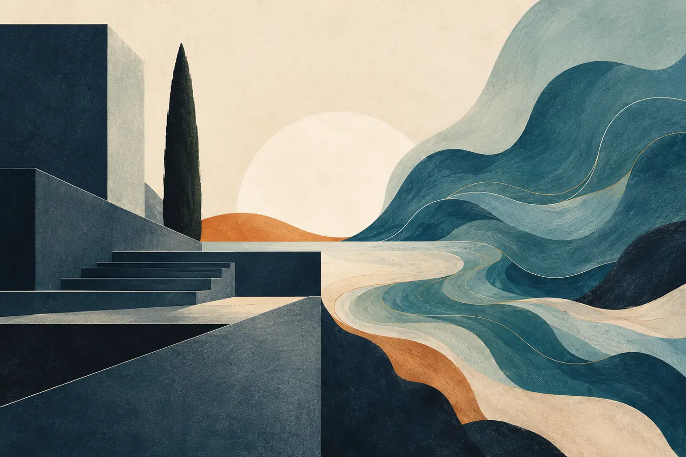 Abstract editorial illustration contrasting structured geometric forms with fluid organic shapes.