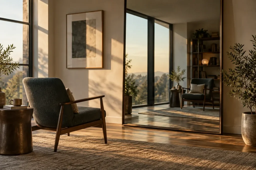 An empty chair beside a large mirror in a quiet room filled with warm afternoon light.